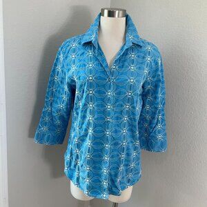 Foxcroft Womens 12 Shaped Fit Shirt Blue White Embroidered Cotton 3/4 Sleeve Top